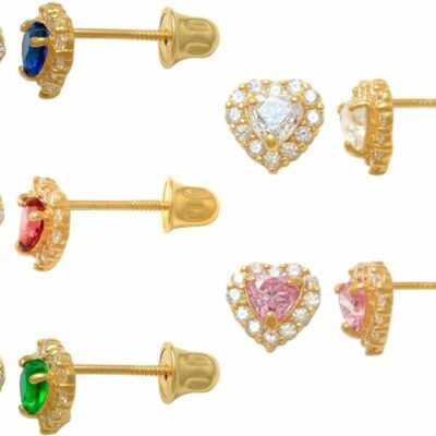 ANYGOLDS Body Piercing Studs | 14K Real Solid Gold Colorful Heart Cubic Zirconia Cartilage Daith Helix Tragus Conch Rook Snug Ear Post Stud Earrings – 1 Pair