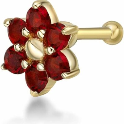 Lavari Jewelers Body Piercing Studs | Lavari Jewelers 20 Gauge Opal, Amethyst, Red Or Pink Swarovski Crystals 6 Petal Flower Straight Bone Nose Stud In 14K Yellow Gold 3.5 Mm 20G