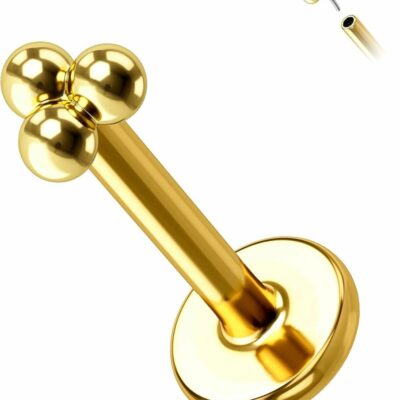 COCHARM Body Piercing Studs | Cocharm 14K Gold Triple Ball Threadless Tragus Earrings 16G Push In Tragus Gold 14K Flat Back Gold Tragus Piercing Jewelry 14K Gold Flat Helix Earring 14Kt Yellow Gold Helix Piercing